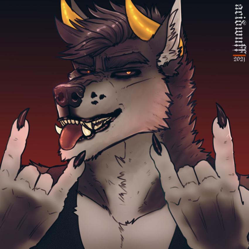 1:1 2021 acidwuff anthro artist_name black_clothing black_topwear brown_body brown_fur brown_sclera bust_portrait canid cheek_tuft clothed clothing dated devil_horns_(gesture) double_devil_horns_(gesture) facial_tuft fangs front_view fur gesture gradient_background hand_gesture hi_res horn inner_ear_fluff looking_at_viewer male mammal neck_tuft open_mouth orange_eyes portrait red_tongue simple_background solo teeth tongue tongue_out topwear tuft white_body white_fur white_inner_ear_fluff yellow_horn