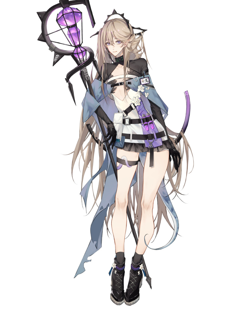 absurdres arknights black_footwear black_gloves blonde_hair blue_cloak breasts cloak closed_mouth dress female full_body gloves highres holding holding_scepter indigo_(arknights) legs long_hair looking_at_viewer pointy_ears purple_eyes scepter shinyuxo shoes small_breasts socks solo standing very_long_hair white_background white_dress