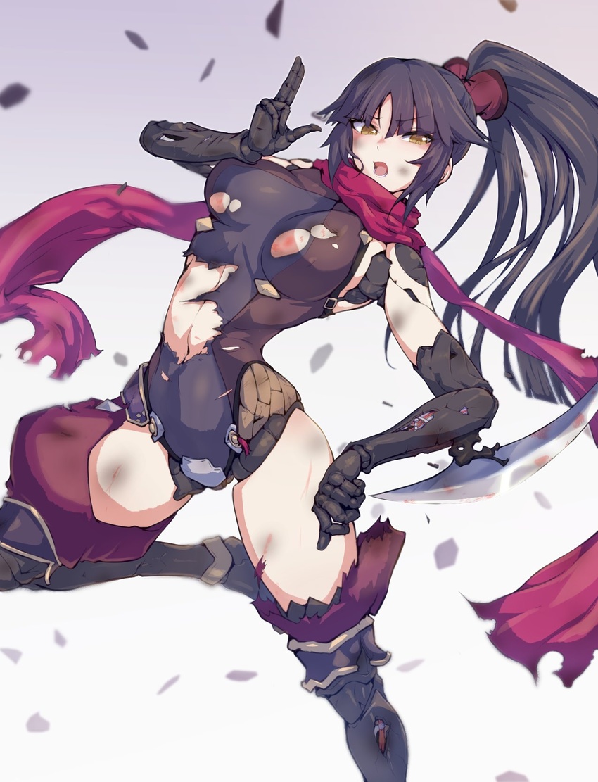 android black_hair breasts commission damaged debris depo_(typebaby505) fate/grand_order fate_(series) female gloves highres joints katou_danzou_(fate) large_breasts leotard long_hair looking_at_viewer navel open_mouth parted_bangs ponytail red_scarf robot_joints scarf skeb_commission solo torn_clothes torn_leotard very_long_hair yellow_eyes