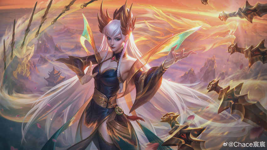 absurdres artist_name blue_eyes breasts chace_chen_chen chinese_commentary cleavage closed_mouth cloud commentary_request cowboy_shot detached_sleeves divine_sword_irelia dragon earrings eastern_dragon female fingernails hair_between_eyes highres irelia jewelry large_breasts league_of_legends long_hair looking_at_viewer mountain multiple_swords official_alternate_costume official_alternate_hairstyle outdoors rock sidelocks sky solo standing sunlight sunset white_hair