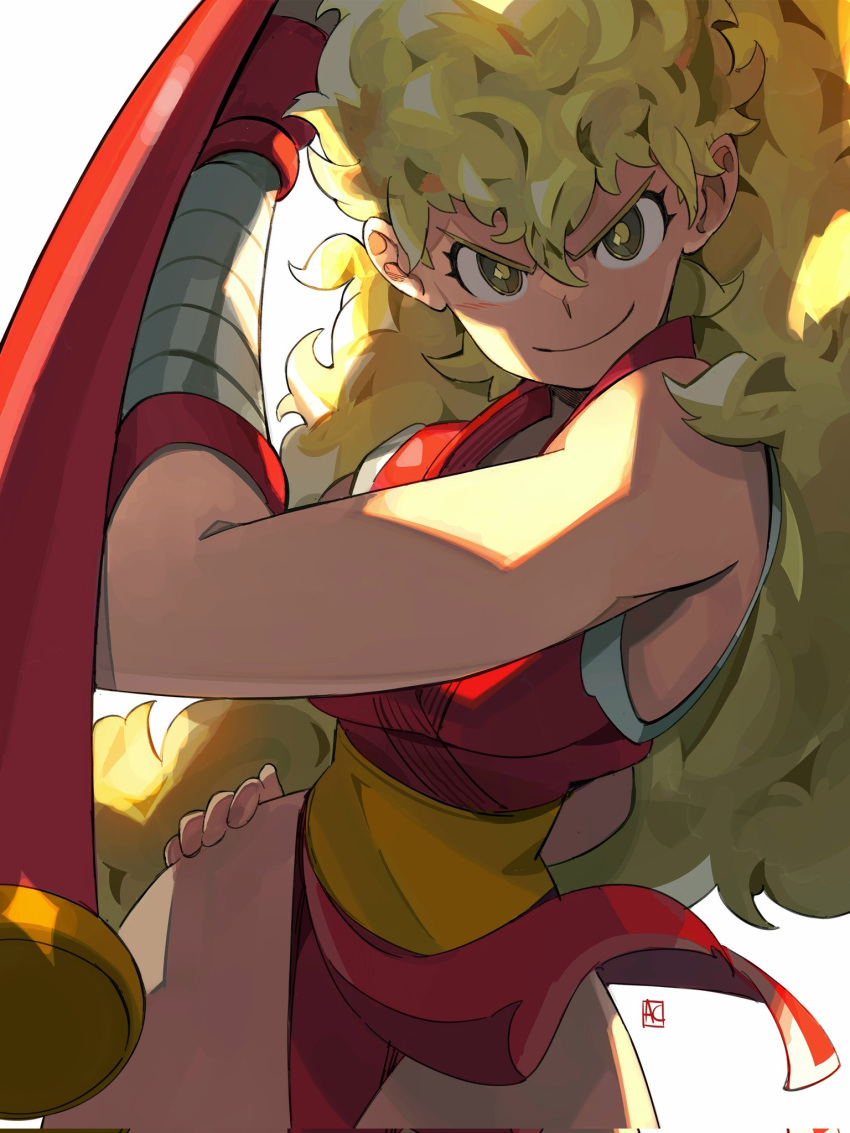 >:) andrewcockroach blonde_hair breasts corrupted_twitter_file dougi female final_fight genryuusai_maki highres holding holding_weapon japanese_clothes kimono medium_breasts obi panties ponytail red_kimono red_panties sash sleeveless smile street_fighter tonfa underwear v-shaped_eyebrows wavy_hair weapon yellow_eyes