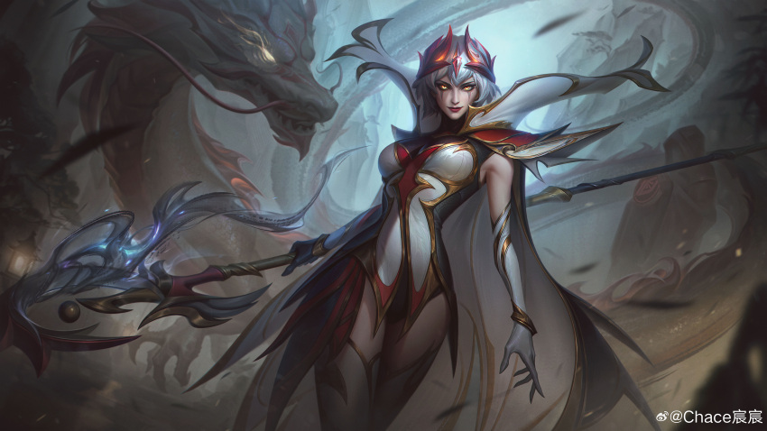 1other absurdres cape chace_chen_chen chinese_commentary closed_mouth commentary_request coven_leblanc cowboy_shot dragon eastern_dragon female fog highres holding holding_staff league_of_legends leblanc_(league_of_legends) looking_at_viewer makeup official_alternate_costume official_alternate_hairstyle outdoors short_hair smile solo_focus staff standing white_hair yellow_eyes