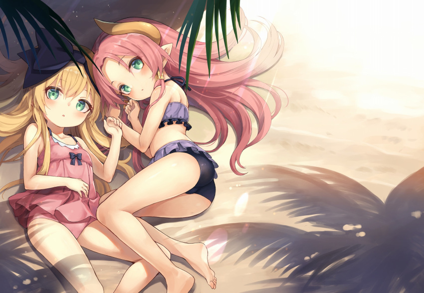 2girls :o aruma_(shinrabanshou) ass bare_arms bare_legs bare_shoulders beach bikini black_bikini black_ribbon blonde_hair breasts day frilled_bikini frills fuyu_no_kareha green_eyes hair_ribbon highres horns lens_flare long_hair looking_at_viewer lying multiple_girls on_back on_side one-piece_swimsuit outdoors palm_tree pink_hair pink_one-piece_swimsuit pointy_ears ribbon shinrabanshou small_breasts swimsuit terasu_(shinrabanshou) tree