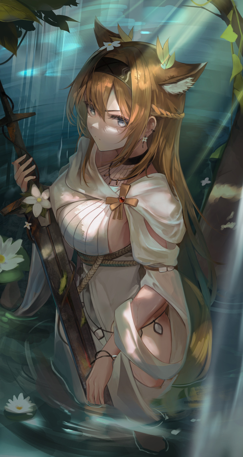 absurdres animal_ears arknights blue_eyes braid breasts brown_hair dress earrings female flower hair_ornament halterneck headband highres holding holding_sword holding_weapon horn_(arknights) horn_(to_effloresce_whitely)_(arknights) jewelry lake leaf_hair_ornament long_hair looking_at_viewer lotus medium_breasts necklace official_alternate_costume outdoors partially_submerged serious side_braid sideboob sion_(im10042m) solo sword thighs very_long_hair weapon white_dress wrist_straps