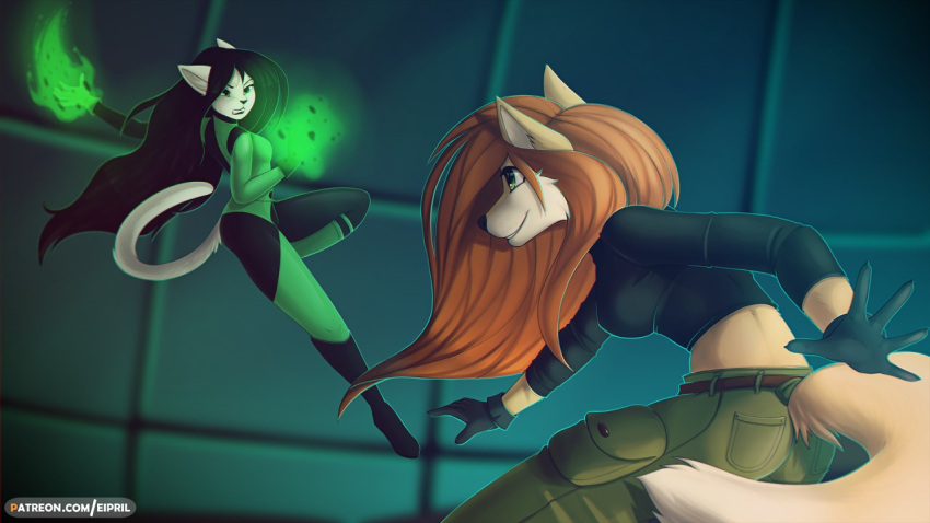 16:9 2018 action_pose alternate_species angry anthro black_clothing black_gloves black_hair black_handwear black_nose bottomwear brown_hair canid canine clothing disney domestic_cat duo eipril felid feline felis female fox furrification gloves glowing_hands hair handwear kim_possible kimberly_ann_possible long_hair mammal pants pose shego smile text tight_clothing url widescreen