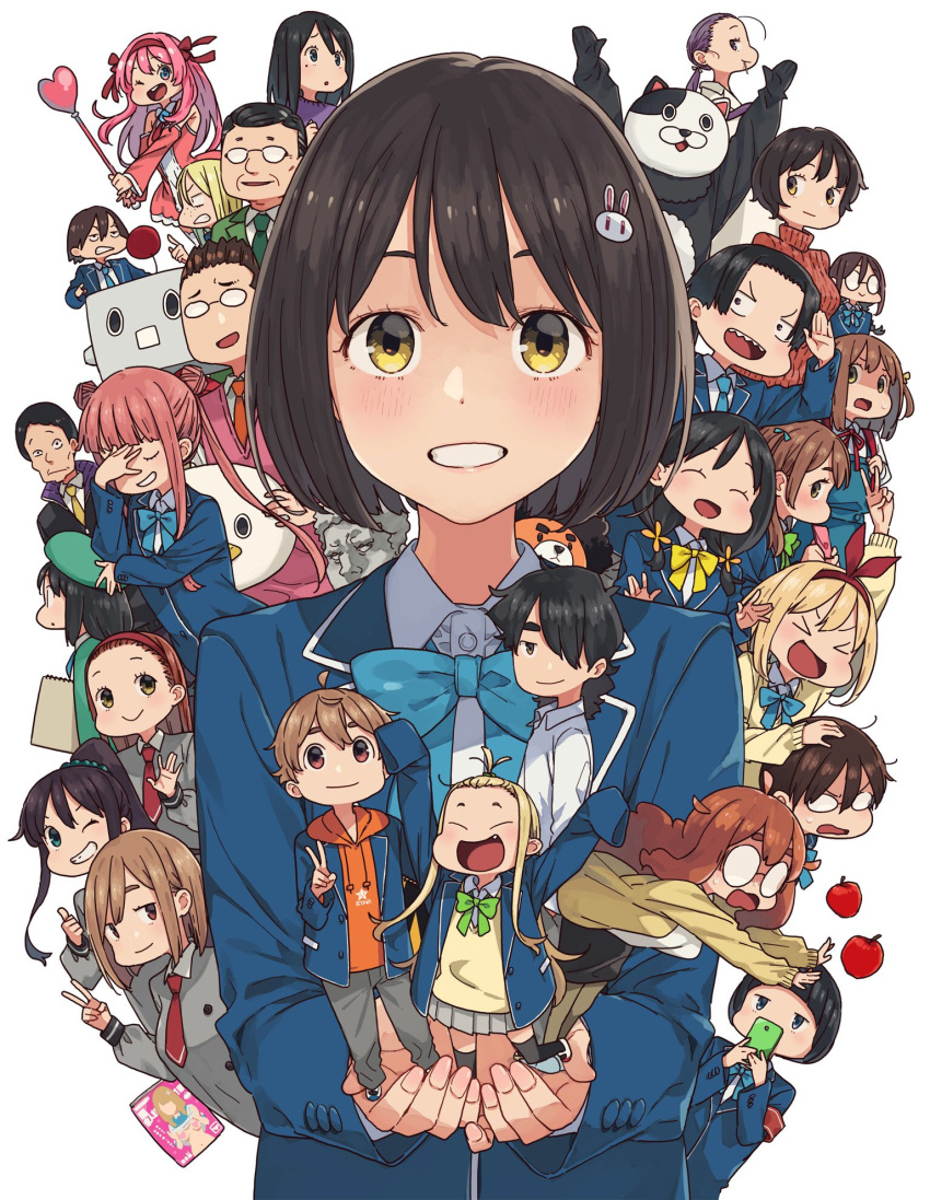 >_< 6+boys 6+girls ayase_kaori blazer blue_bow blue_neckwear blush bob_cut bow brown_hair buchou_(kono_bijutsubu_niwa_mondai_ga_aru!) chibi chibi_inset closed_eyes colette_(kono_bijutsubu_niwa_mondai_ga_aru!) commentary_request everyone eyebrows_hidden_by_hair hair_ornament highres honda_sayaka imari_maria imigimuru jacket kono_bijutsubu_niwa_mondai_ga_aru! kunikawa_ryouko moeka_(kono_bijutsubu_niwa_mondai_ga_aru!) multiple_boys multiple_girls official_art pink_hair rabbit_hair_ornament school_uniform smile tachibana_yumeko uchimaki_subaru upper_body usami_mizuki v white_background yellow_eyes