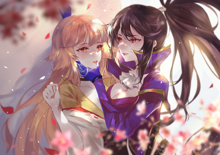 2girls black_hair blonde_hair blue_gloves blurry blurry_background blurry_foreground breasts cherry_blossoms cleavage depth_of_field genderswap_(mtf) gloves hand_on_another's_face hand_up highres large_breasts long_hair medium_breasts multiple_girls oda_nobunaga open_mouth parted_lips petals ponytail red_eyes rule_63 toyotomi_hideyoshi vardan very_long_hair yellow_eyes yuri