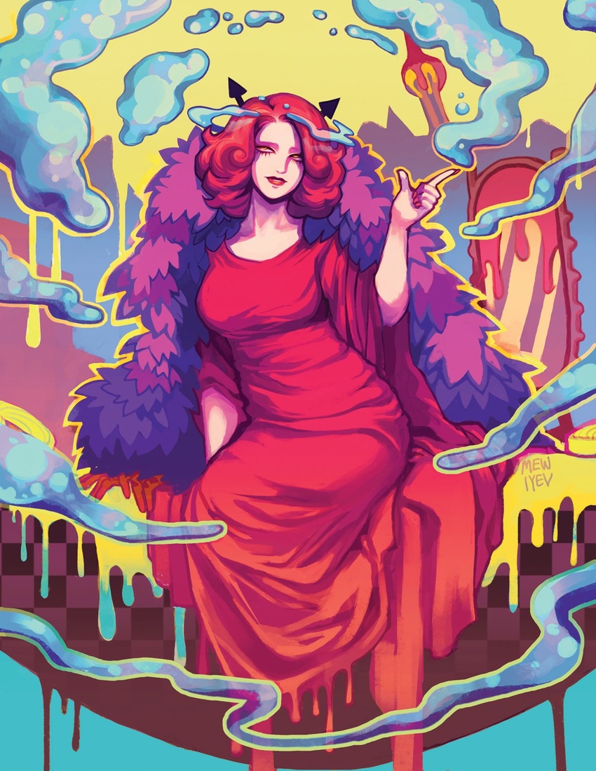 arm_up artist_name breasts butter charlotte_galette coat curly_hair demon_horns dress dripping female food fur_coat highres horns index_finger_raised large_breasts medium_hair mewiyev mirror multicolored_background one_piece parted_lips red_dress red_hair red_lips solo wide_sleeves yellow_eyes