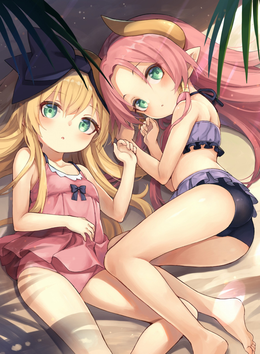 2girls :o aruma_(shinrabanshou) ass bare_arms bare_legs bare_shoulders beach bikini black_bikini black_ribbon blonde_hair breasts day frilled_bikini frills fuyu_no_kareha green_eyes hair_ribbon highres horns lens_flare long_hair looking_at_viewer lying multiple_girls on_back on_side one-piece_swimsuit outdoors palm_tree pink_hair pink_one-piece_swimsuit pointy_ears ribbon shinrabanshou small_breasts swimsuit terasu_(shinrabanshou) tree