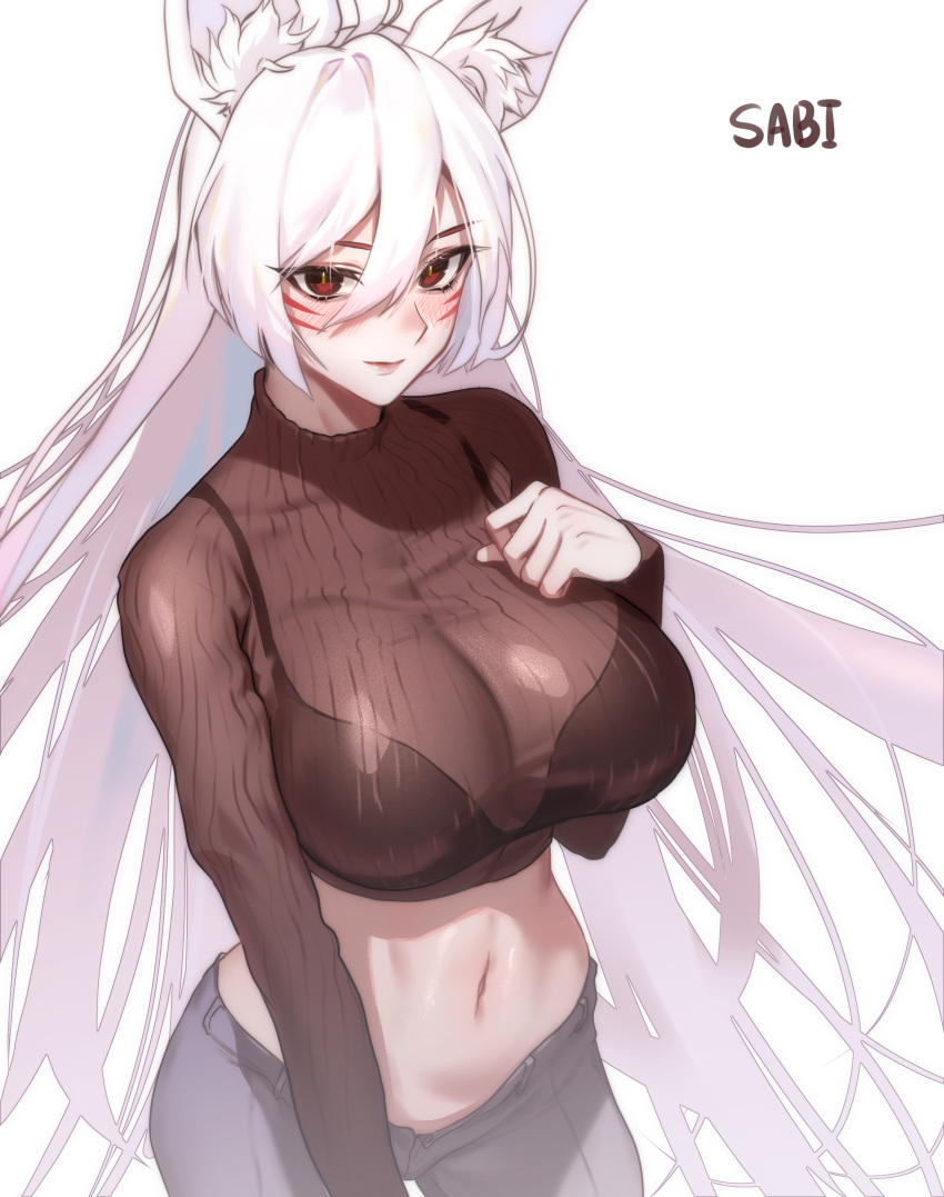 absurdres alternate_costume animal_ears ara_haan ara_haan_(celestial_fox) bad_id bad_pixiv_id black_bra blue_pants blush bra bra_visible_through_clothes breasts brown_sweater closed_mouth cowboy_shot crop_top cropped_sweater denim elsword eun_(elsword) facial_mark female fox_ears hair_between_eyes hand_on_own_chest highres jeans large_breasts lips long_hair looking_at_viewer midriff navel pants red_eyes ribbed_sweater sabi_(ghke4333) simple_background smile solo standing stomach sweater turtleneck turtleneck_sweater underwear very_long_hair white_background white_hair