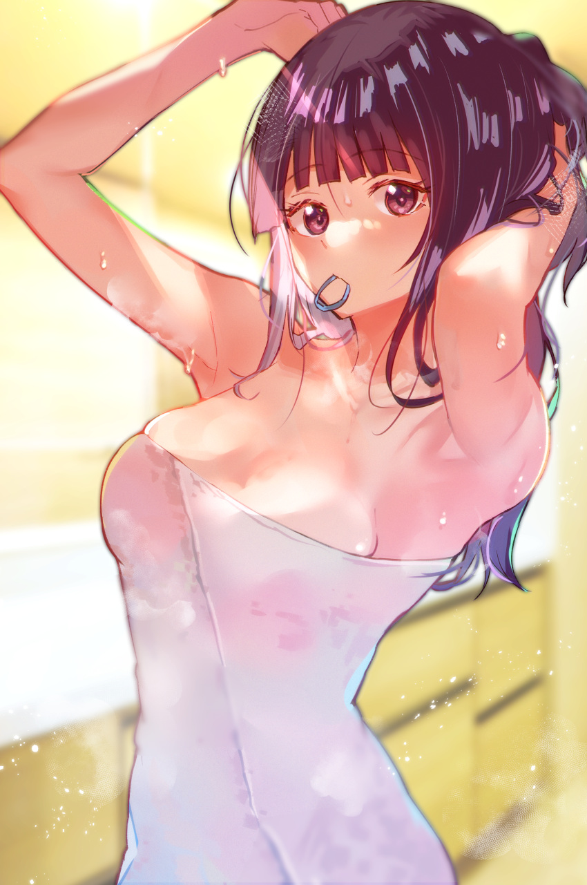 absurdres adjusting_hair arito_arayuru armpits blunt_bangs breasts commentary_request female hair_tie_in_mouth highres hoshi_to_tsubasa_no_paradox large_breasts long_hair looking_at_viewer mouth_hold naked_towel purple_eyes purple_hair reika_(hoshi_to_tsubasa_no_paradox) sidelocks solo towel upper_body