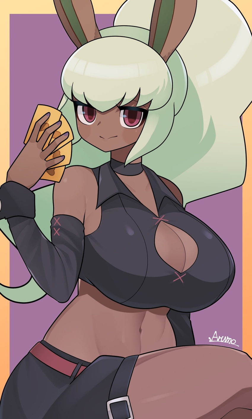 animal_ears blush breasts bunny_mint choker cleavage cleavage_cutout closed_mouth clothing_cutout collarbone commission dark-skinned_female dark_skin detached_sleeves female green_hair highres large_breasts long_hair long_sleeves looking_at_viewer navel ponytail rabbit_ears rabbit_girl red_eyes ryuusui_arumo skeb_commission smile solo youkai_(youkai_watch) youkai_watch