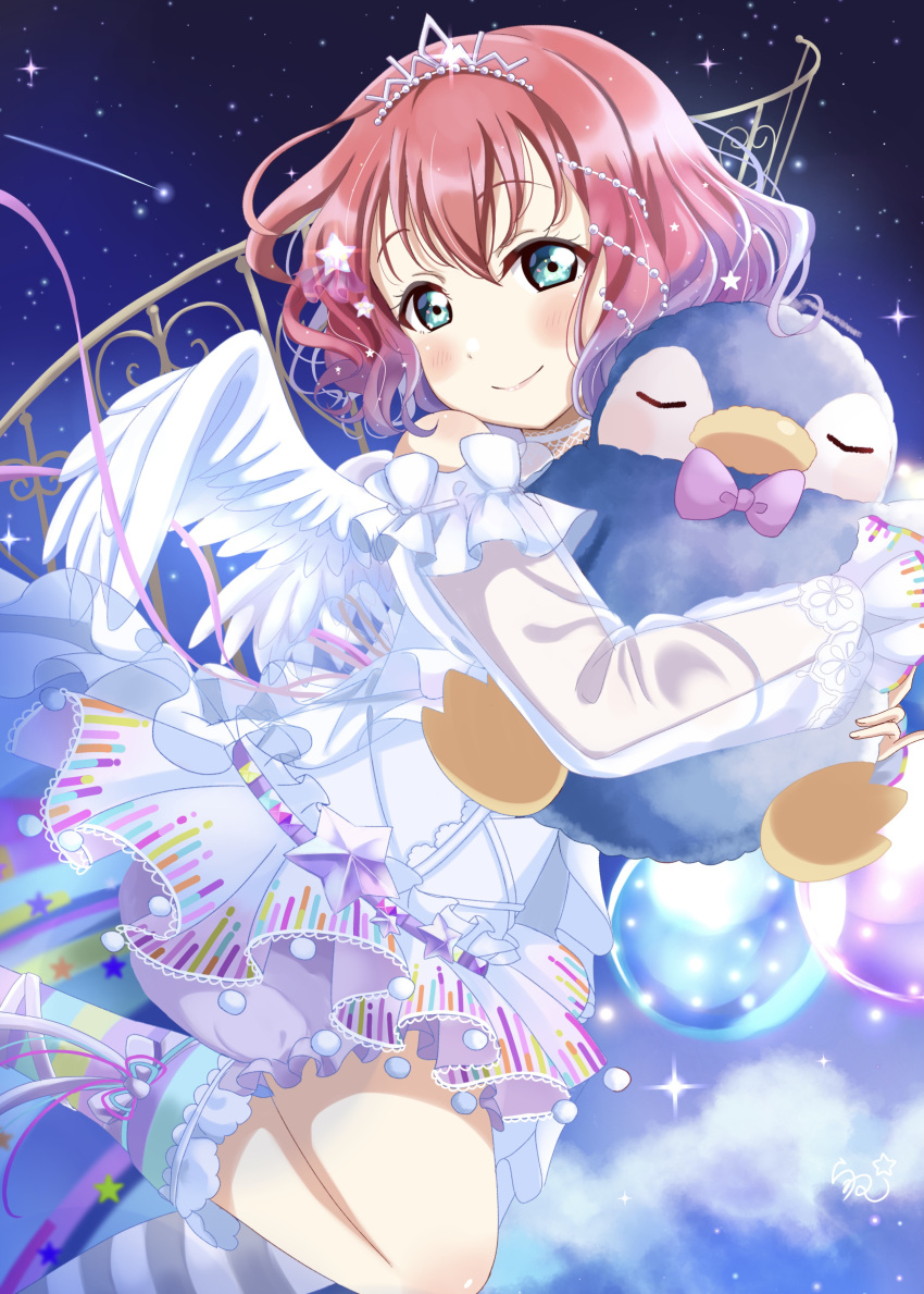 absurdres angel_wings birthday blush commentary curly_hair female green_eyes hair_ornament highres holding holding_stuffed_toy hugging_object kurosawa_ruby looking_at_viewer love_live! love_live!_school_idol_festival_all_stars love_live!_sunshine!! night night_sky ranemu red_hair shooting_star short_hair sidelocks sky solo star_(sky) star_(symbol) star_hair_ornament starry_sky stuffed_animal stuffed_penguin stuffed_toy tiara wings