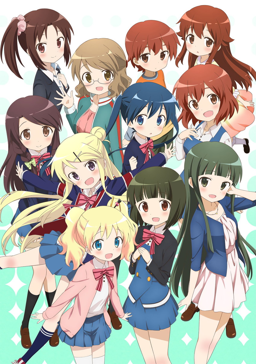 1boy 6+girls :d :o alice_cartelet arm_up arms_up black_jacket black_socks black_suit blonde_hair blue_eyes blue_hair blue_jacket blue_skirt blue_sweater braid brown_hair business_suit choker clenched_hand closed_mouth collared_shirt dress flag formal glasses green_hair hair_ornament hair_ribbon hairclip hand_in_own_hair hand_on_own_face highres inokuma_kouta inokuma_mitsuki inokuma_youko jacket karasuma_sakura kin-iro_mosaic komichi_aya kujou_karen kuzehashi_akari leg_up loafers lone_nape_hair long_hair matsubara_honoka medium_hair moegi_high_school_uniform multiple_girls official_art oomiya_isami oomiya_shinobu open_mouth pant_suit pants pink_dress pleated_skirt pointing red_eyes red_hair red_sweater ribbon school_uniform shirt shoes short_hair simple_background skirt smile socks suit sweater thighhighs track_suit twintails ueda_kazuyuki v waving white_dress white_legwear white_shirt white_sweater