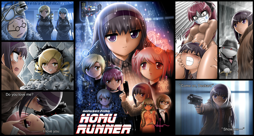 6+girls aircraft akemi_homura battle black_hair blade_runner blonde_hair blue_eyes blue_hair blush bow bowtie breasts cane character_request clenched_teeth closed_eyes collar commentary_request cyberpunk drill_hair eldon_tyrell gaff_(blade_runner) glasses grin gun hair_ornament hairband hairclip hairpin handgun hands_in_pockets hannibal_chew imminent_kiss impossible_clothes injury j.f._sebastian kaname_madoka kyuubee large_breasts leon_(blade_runner) leotard mahou_shoujo_madoka_magica mahou_shoujo_madoka_magica_(anime) miki_sayaka multiple_girls necktie nude open_mouth parody pink_eyes pink_hair pkd_blaster pris purple_eyes rachel_(blade_runner) rain replicant rick_deckard roy_batty sakura_kyoko science_fiction shingyouji_tatsuya shizuki_hitomi short_hair smile snake spinner spoilers sweat teeth tomoe_mami trait_connection twin_drills weapon yellow_eyes zhora