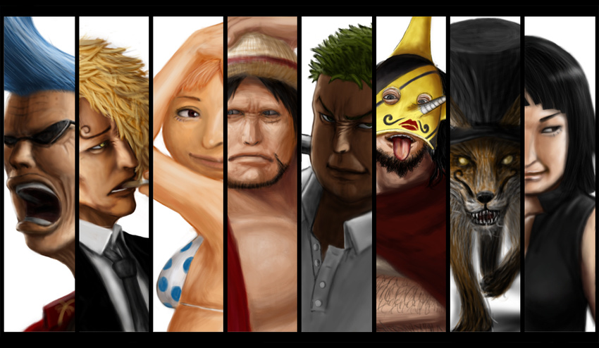 2girls 5boys beard bikini black_hair blonde_hair blue_hair chocolat_(one_piece) cocoa_(one_piece) column_lineup demalo_black drip_(one_piece) facial_hair fake_strawhat_crew fox green_hair hat manjaro mask mounblutain multiple_boys multiple_girls nora_gitsune one_piece orange_hair parody scar split_crop straw_hat sunglasses swimsuit turco