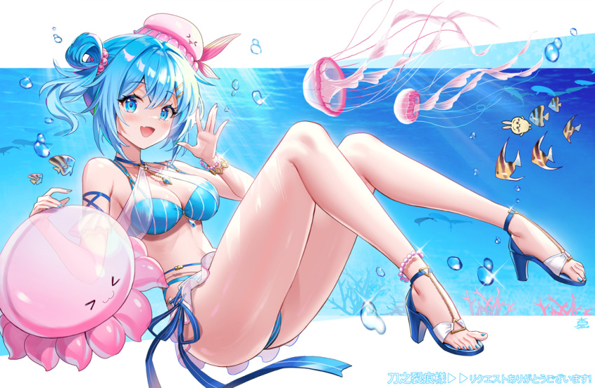 animal_hat anklet anzumame armpit_crease bare_legs bikini blue_bikini blue_eyes blue_hair blue_nails bracelet breasts bubble cleavage commentary commission coral feet female full_body hair_rings haiyi hand_up hat high_heels jellyfish jewelry legs letterboxed looking_at_viewer medium_breasts nail_polish ocean one_side_up open_mouth pink_hat pixiv_commission plantar_flexion sandals short_hair signature smile solo strapless strapless_bikini strappy_heels swimsuit synthesizer_v toenail_polish toenails toes translation_request tropical_fish