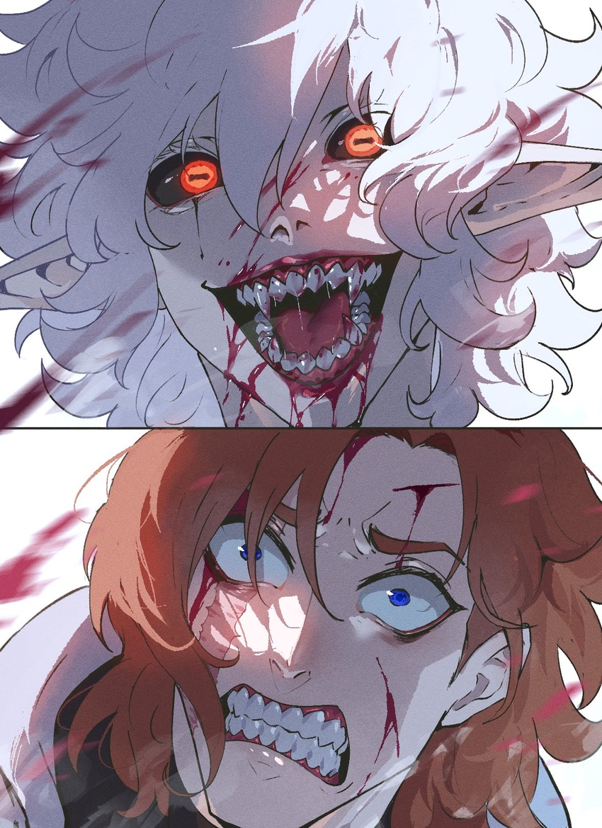 1boy aged_down baphomet_(nyantcha) black_sclera blood blood_on_face blood_on_teeth bloodlight_(nyantcha) blue_eyes clenched_teeth colored_eyelashes colored_sclera commentary constricted_pupils cuts derivative_work english_commentary female hair_between_eyes highres horizontal_pupils horrified horror_(theme) injury looking_at_viewer mikhail_(nyantcha) nyantcha open_mouth orange_eyes orange_hair original pale_skin pointy_ears saliva scar scar_across_eye scar_on_face sharp_teeth simple_background sister_almonde_(nyantcha) teeth tongue white_background white_hair wide-eyed