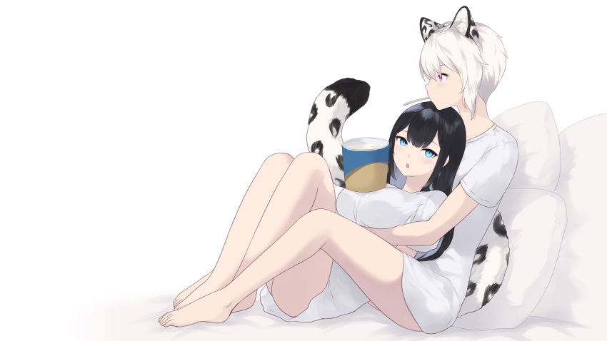 2girls :o animal_ear_fluff animal_ears barefoot black_hair blue_eyes breasts cait_aron hagoromo_yaya hair_between_eyes highres kusubashi_shiya large_breasts melty_connect mouth_hold multiple_girls object_on_breast parted_lips pillow purple_eyes shirt short_hair short_sleeves simple_background snow_leopard_ears snow_leopard_girl snow_leopard_tail tail virtual_youtuber white_background white_hair white_shirt yuri