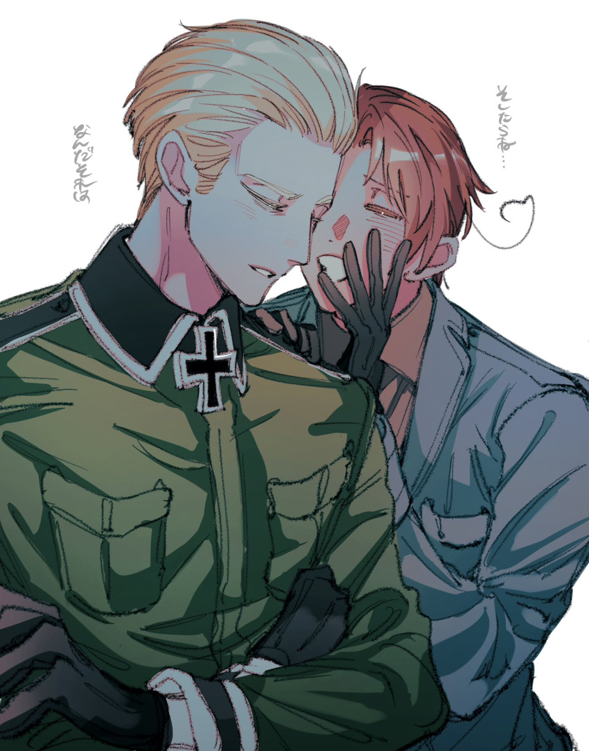 2boys ahoge axis_powers_hetalia black_gloves blonde_hair blush breast_pocket brown_shirt closed_eyes collared_jacket collared_shirt cross crossed_arms germany_(hetalia) gloves greek_cross green_jacket grey_jacket hand_on_another's_shoulder hand_up highres iron_cross jacket lapels long_sleeves male_focus military_uniform multiple_boys naotin3333 northern_italy_(hetalia) open_mouth orange_hair parted_lips pocket shirt short_hair simple_background translation_request uniform upper_body whispering whispering_in_ear white_background