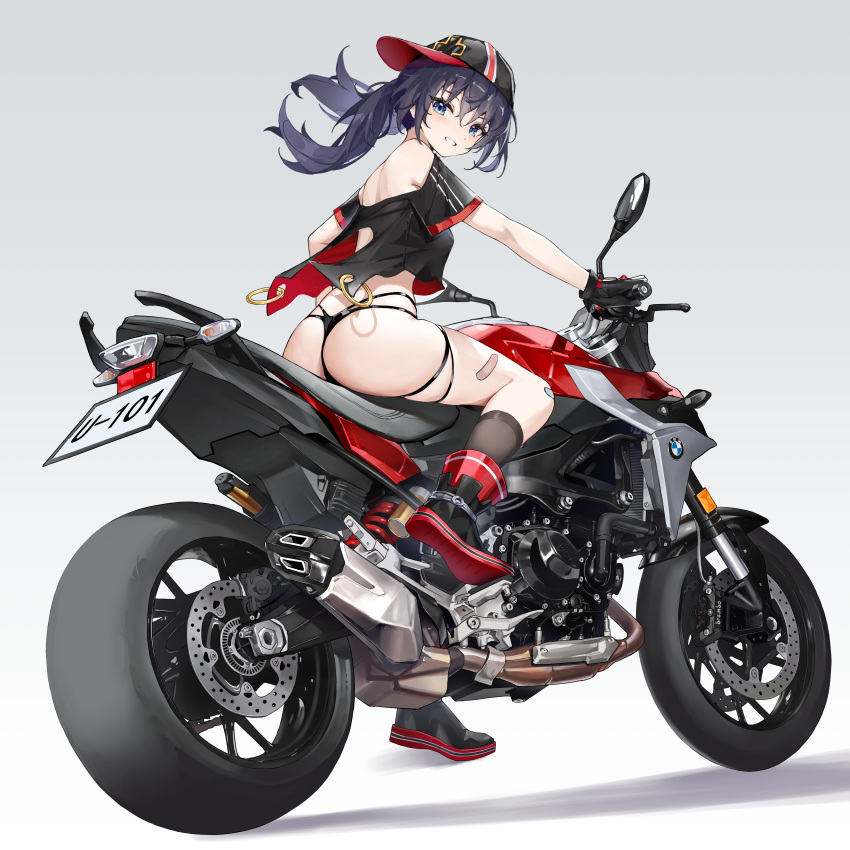 absurdres ass azur_lane bandaid bandaid_on_leg baseball_cap bikini bikini_bottom_only black_gloves black_hair black_shirt bmw character_name female from_behind gloves grey_background hat highres hundun_no_bifang looking_at_viewer looking_back md5_mismatch motor_vehicle motorcycle off_shoulder on_motorcycle shirt simple_background sitting smile swimsuit thong_bikini u-101_(azur_lane)