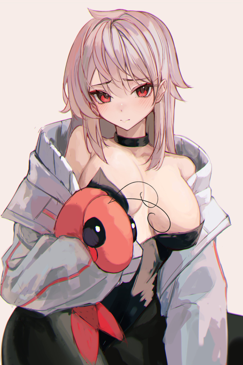 00_nation absurdres black_collar black_leotard black_pantyhose blush breasts closed_mouth collar collarbone commentary female genderswap_(mtf) grey_hair hair_between_eyes highres holding holding_stuffed_toy ipn jacket large_breasts leotard long_hair long_sleeves looking_at_viewer naokomama open_clothes open_jacket pantyhose red_eyes rule_63 shrimp simple_background solo stuffed_animal stuffed_shrimp stuffed_toy white_background white_jacket