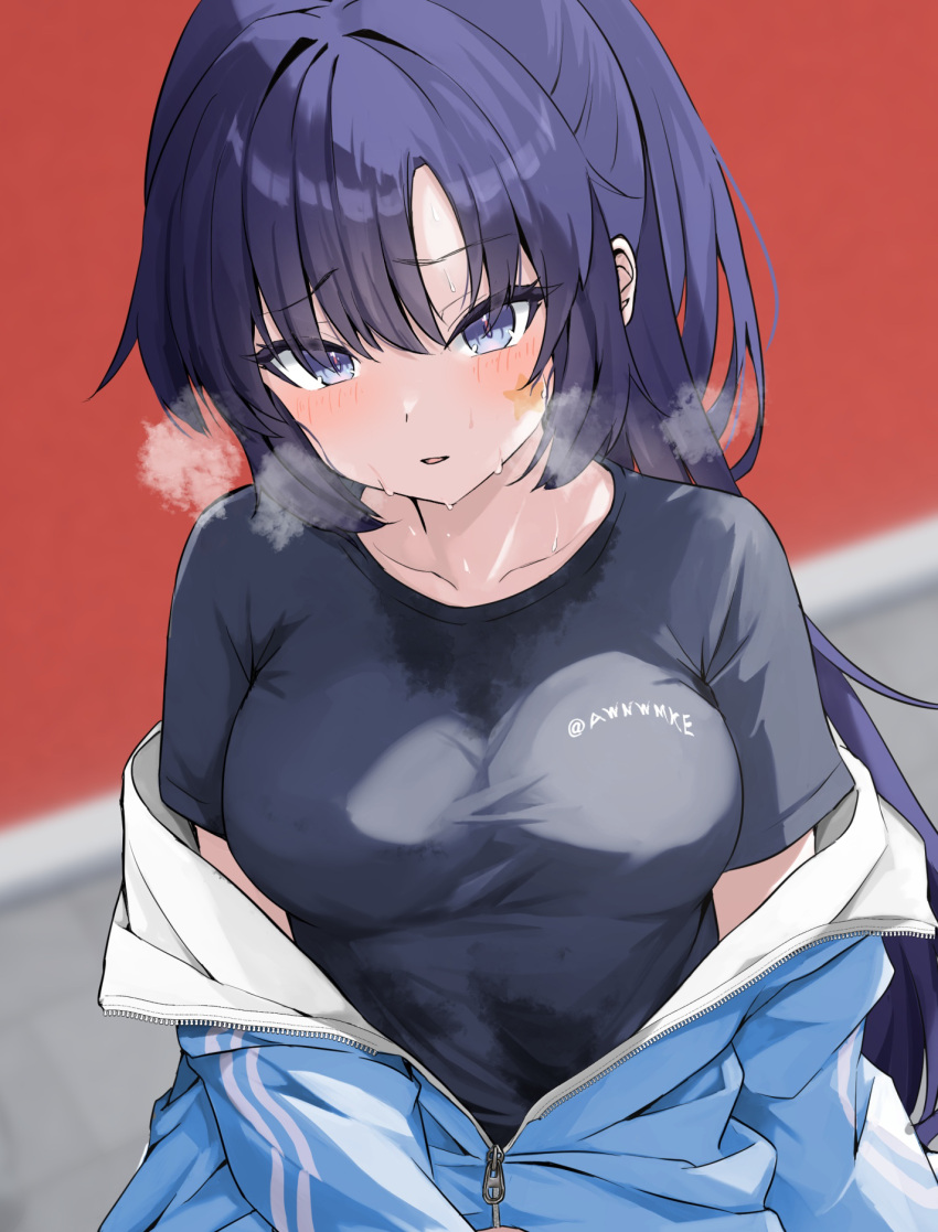 awnw black_shirt blue_archive blue_jacket blurry blurry_background blush breasts collarbone commentary_request female highres jacket long_hair looking_at_viewer medium_breasts official_alternate_costume official_alternate_hairstyle open_mouth partially_unzipped ponytail purple_eyes purple_hair shirt short_sleeves solo star_(symbol) sweat sweat_stain track_jacket twitter_username yuuka_(blue_archive) yuuka_(track)_(blue_archive)