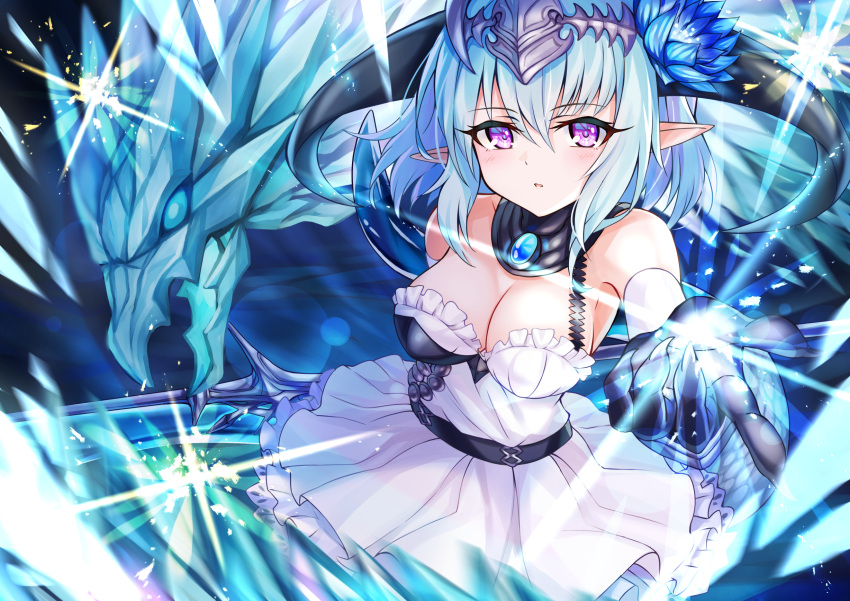 1other akami770 arm_behind_back bare_shoulders belt black_belt black_gloves blue_gemstone blue_hair breasts chest_guard cleavage detached_collar detached_sleeves dragon dragon_girl dragon_horns dress expressionless female filene_(shadowverse) flower frilled_dress frills from_above gem gloves granblue_fantasy hair_between_eyes hair_flower hair_ornament highres holding holding_weapon horns ice jewelry looking_at_viewer pointy_ears purple_eyes shadowverse short_dress short_hair solo_focus upper_body weapon white_dress