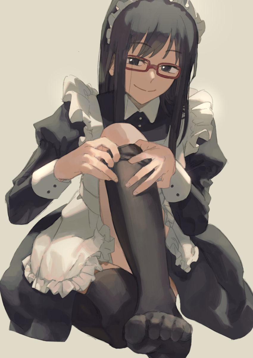 absurdres alternate_costume apron black_dress black_hair black_thighhighs collared_dress convenient_leg dress enmaided eternalpillow04 feet female frilled_apron frills glasses hands_up highres juliet_sleeves knee_up long_hair long_sleeves looking_at_viewer loose_hair_strand maid maid_headdress no_shoes puffy_sleeves putting_on_legwear red-framed_eyewear simple_background sitting smile solo straight_hair thighhighs toe_scrunch toes usami_shiori white_apron world_trigger