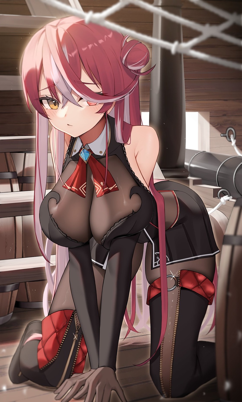 black_bodysuit black_footwear black_leotard bodysuit boots breasts cannon cleavage female hair_bun heterochromia highres hololive houshou_marine houshou_marine_(marching_band) large_breasts leotard long_hair looking_at_viewer multicolored_hair official_alternate_costume pink_hair red_eyes red_hair single_hair_bun streaked_hair thigh_boots thomas_8000 virtual_youtuber yellow_eyes