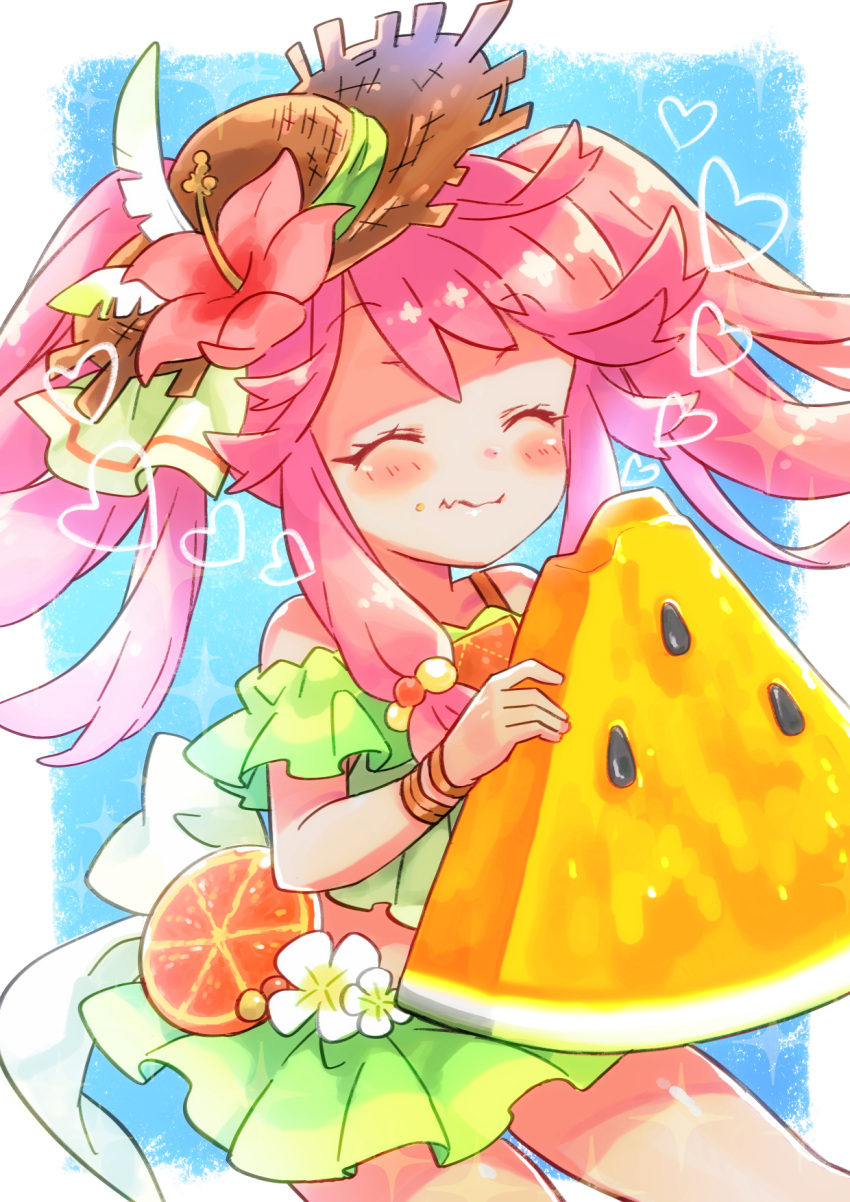 bare_shoulders bikini brown_hat closed_eyes closed_mouth dragalia_lost ekra female flower food food_on_face fruit green_bikini hair_flower hair_ornament hat heart highres holding holding_food holding_fruit holding_watermelon long_hair notte_(dragalia_lost) official_alternate_costume official_alternate_hairstyle pink_hair smile solo sun_hat swimsuit watermelon watermelon_slice yellow_watermelon