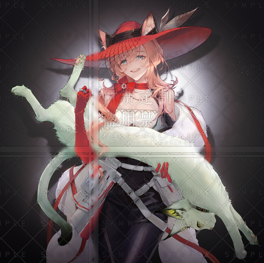 :d absurdres animal animal_ears arknights bare_shoulders belt black_dress blue_eyes cat_ears choker commentary_request cowboy_shot dress ears_through_headwear feather_boa female heidi_(arknights) highres holding holding_animal kal'tsit_(arknights) kal'tsit_(cat)_(arknights) long_hair looking_at_viewer open_mouth pink_hair red_choker red_headwear smile solo standing vongola_x watermark