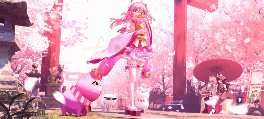 3girls akai_haato animal animal_ears bag bench black_hair breasts bridal_garter cherry_blossoms dango dress eason870408 eating falling_petals feline food food_on_face fox_ears fox_girl fox_tail frilled_dress frills full_body green_eyes highres holding holding_bag holding_food hololive japanese_clothes kimono kintoki_(sakura_miko) long_hair long_sleeves looking_at_viewer multiple_girls obi oil-paper_umbrella okobo one_side_up ookami_mio ookami_mio_(1st_costume) outdoors petals pink_hair sakura_miko sakura_miko_(1st_costume) sandals sash shirakami_fubuki shirakami_fubuki_(1st_costume) short_hair short_kimono sideboob sideless_kimono sign single_thighhigh sitting statue tail taiyaki thigh_strap thighhighs torii tree umbrella virtual_youtuber wagashi white_hair wide_sleeves wolf_ears wolf_girl wolf_tail