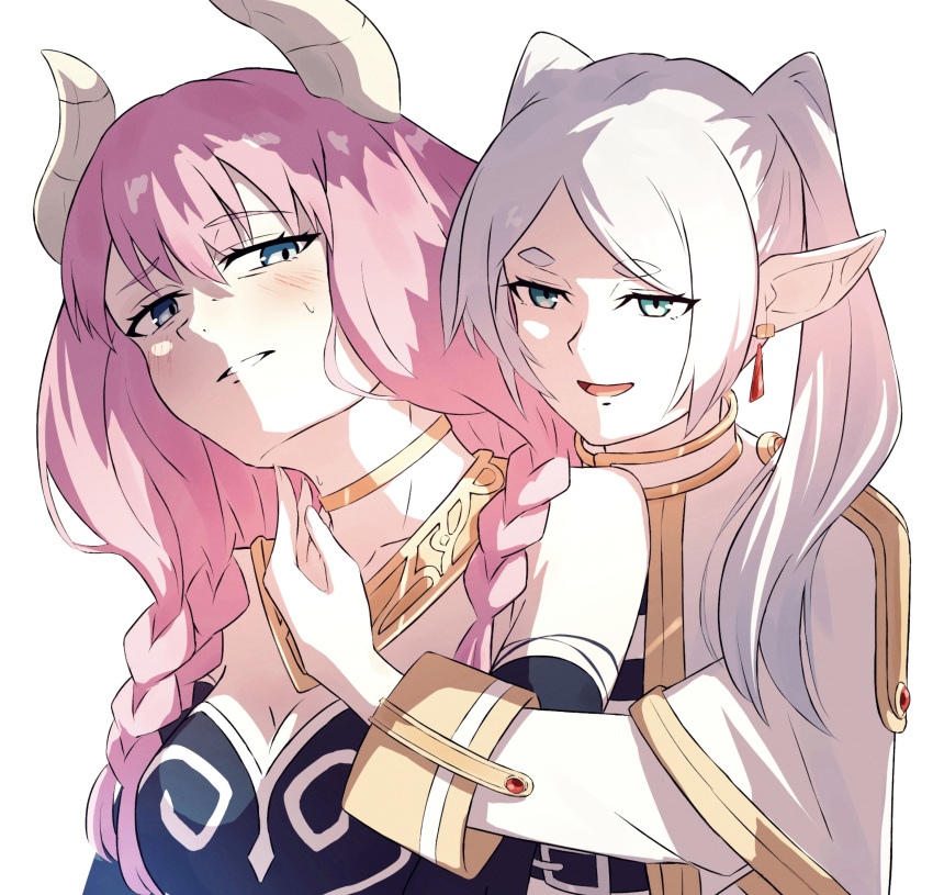 2girls aura_(sousou_no_frieren) bad_id bad_pixiv_id blush breasts earrings elf frieren green_eyes highres horns jewelry multiple_girls parted_bangs parted_lips pointy_ears simple_background sousou_no_frieren tongue twintails white_background white_hair yakisobaosu yuri