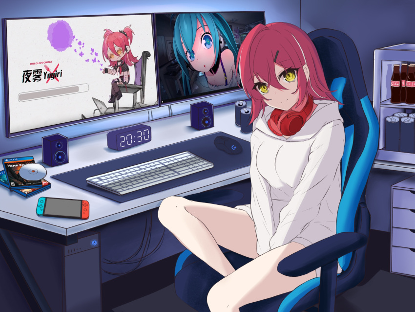 chair cola female gaming_chair headphones highres hololive hololive_china hood hoodie luochao0524 minifridge nintendo_switch swivel_chair virtual_youtuber white_hoodie yogiri_(hololive)