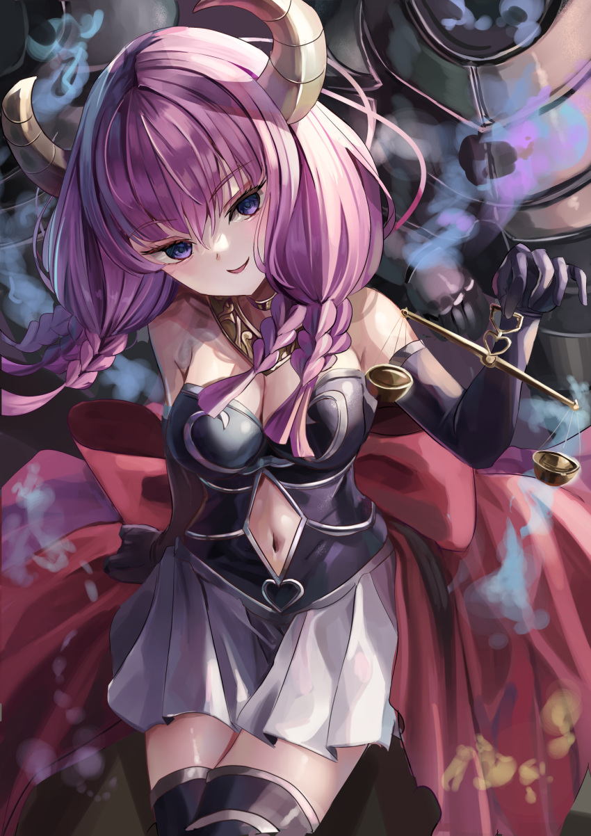 :d arm_support aura_(sousou_no_frieren) balance_scale black_leotard black_thighhighs braid clothing_cutout commentary demon_girl demon_horns elbow_gloves female gloves hair_between_eyes head_tilt highres holding horns jewelry leotard long_hair looking_at_viewer multiple_braids navel navel_cutout neck_ring purple_eyes purple_hair sidelocks sitting skirt smile smirk solo sousou_no_frieren strapless strapless_leotard suidou_chaahan thighhighs weighing_scale white_skirt wind zettai_ryouiki