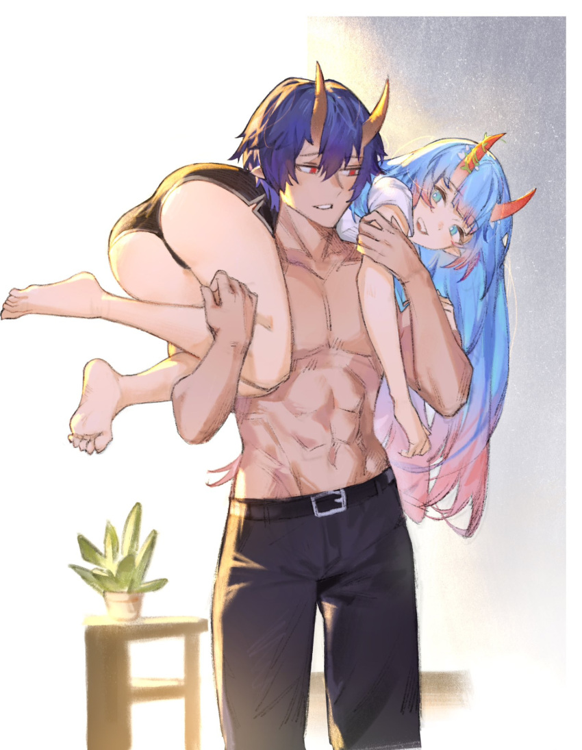 1boy abs alice_(s7nsles) aqua_eyes bare_legs barefoot belt black_belt black_pants black_shorts blue_hair carrying collarbone commentary english_commentary female fireman's_carry gradient_hair hair_between_eyes highres horns light_blue_hair long_hair lucadark_art multicolored_hair muscular muscular_male oni open_mouth original pants pink_hair plant pointy_ears potted_plant red_eyes shirt short_hair short_sleeves shorts straight teeth thighs topless_male white_shirt