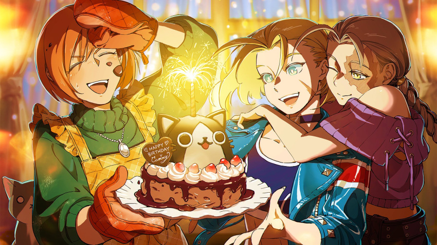 3girls apron artist_request birthday birthday_cake blonde_hair blue_eyes blue_jacket braid brown_hair cake cammy_white check_commentary commentary_request crop_top decapre feline fireworks food green_sweater happy happy_birthday highres hug hug_from_behind jacket juni_(street_fighter) multiple_girls official_art open_mouth oven_mitts scar scar_on_face short_hair smile sparkler street_fighter street_fighter_6 sweater teeth turtleneck turtleneck_sweater upper_body upper_teeth_only yellow_eyes