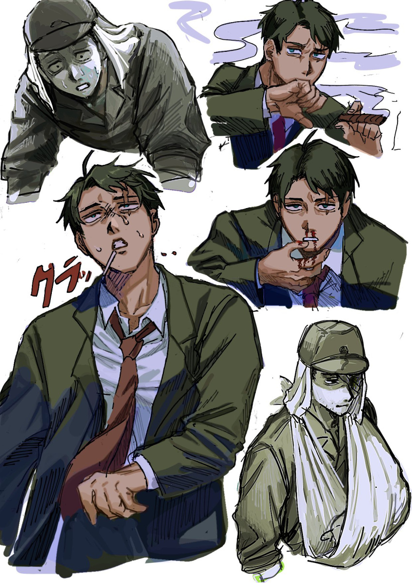 1boy arm_sling bags_under_eyes blood blood_on_hands cigar cigarette collared_shirt commentary_request constricted_pupils exhausted flashback furrowed_brow gegege_no_kitarou green_eyes green_hair green_jacket hand_up hat highres holding holding_cigar imperial_japanese_army jacket kitarou_tanjou:_gegege_no_nazo long_sleeves looking_at_viewer male_focus military_hat mizuki_(gegege_no_kitarou) multiple_views necktie nosebleed red_necktie saba_ichimi sanpaku scar scar_across_eye shirt short_sleeves simple_background smoke spoilers suit suit_jacket sweat white_background white_shirt wide-eyed wiping_mouth