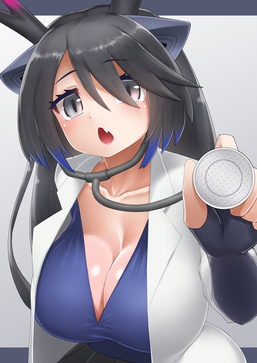 black_dragon_(kemono_friends) black_gloves black_hair black_horns blue_hair breasts cleavage coat commentary dark_blue_hair doctor dragon_ears dragon_horns elbow_gloves female fingerless_gloves gloves grey_eyes highres holding holding_stethoscope horns kemono_friends kemono_friends_3 lab_coat large_breasts leaning_forward long_hair looking_at_viewer medical_examination multicolored_hair multicolored_horns oerba_yun_fang open_clothes open_coat open_mouth parted_bangs pink_horns shirt skirt slit_pupils solo stethoscope symbol-only_commentary two-tone_hair upper_body very_long_hair white_coat yonkuron