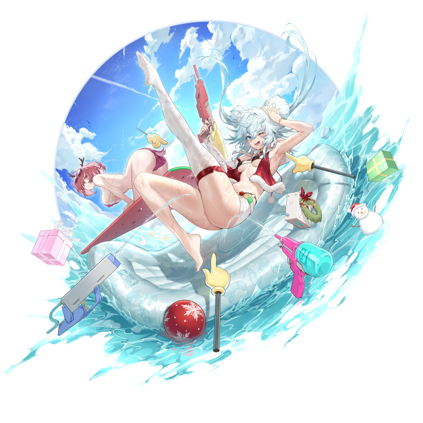 2girls ;d absurdres antlers armpits barefoot bikini black_bikini blue_eyes blue_sky box breasts cloud day double_bun feet floating_hair florence_(neural_cloud) gift gift_box girls'_frontline girls'_frontline_neural_cloud hair_bun highres holding holding_water_gun horns inflatable_raft large_breasts legs long_hair medium_breasts multiple_girls no_shoes ocean official_alternate_costume official_art one_eye_closed outdoors pa-15_(girls'_frontline) pink_eyes pink_hair red_bikini shanyao_jiang_tororo single_thighhigh sky smile swimsuit thighhighs toes water_gun wet white_hair willow_(neural_cloud)