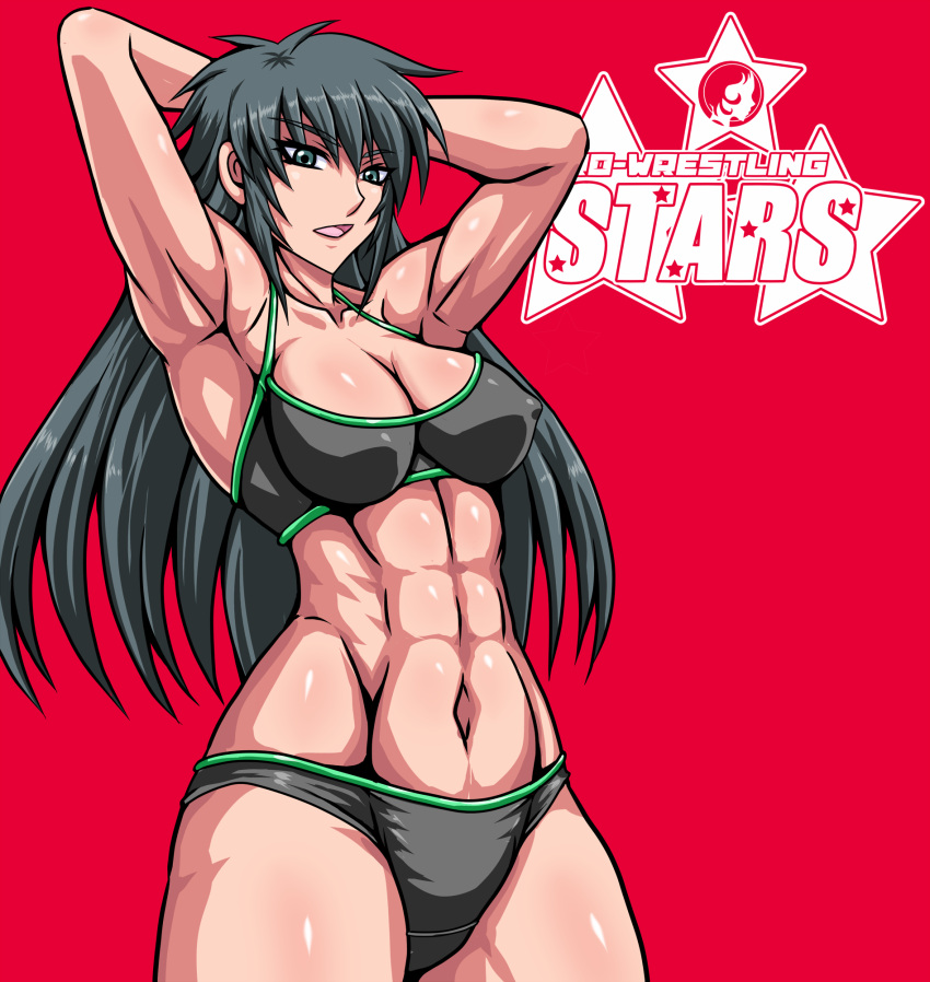 abs armpits arms_up bikini black_bikini black_hair blue_eyes breasts cleavage collarbone covered_nipples female flexing green_trim highres large_breasts logo long_hair looking_at_viewer muscular muscular_female navel open_mouth original posing red_background retro_artstyle shiny_skin simamoto_utako solo spiked_hair swimsuit taroimo_(00120014) wrestling