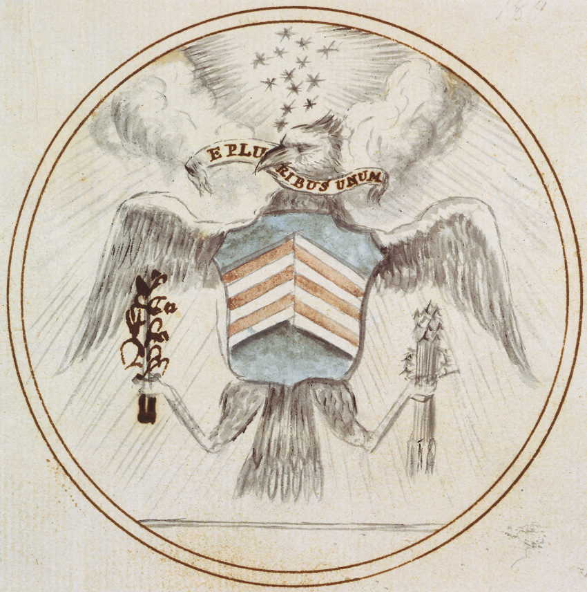 1782 18th_century accipitrid accipitriform ambiguous_gender ancient_art arrow_(weapon) avian bald_eagle beak bird branch charles_thomson coat_of_arms eagle feathered_wings feathers feet feral great_seal_of_the_united_states hi_res holding_arrow holding_branch latin_text ranged_weapon sea_eagle shield simple_background solo spread_legs spreading tail tail_feathers talons tan_background text toes traditional_media_(artwork) united_states_of_america weapon wings