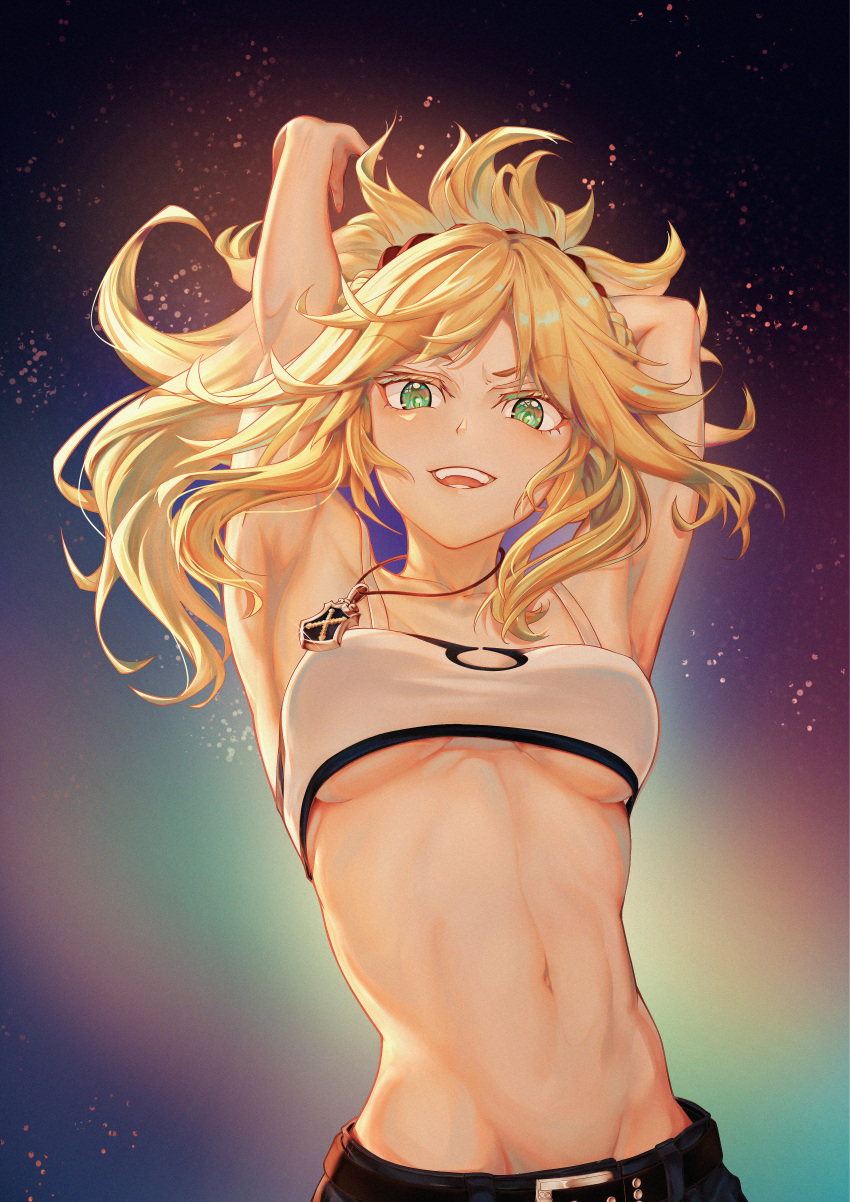 :d absurdres armpits arms_behind_head arms_up bare_shoulders belt blonde_hair breasts commentary_request crop_top denim fate/apocrypha fate_(series) female green_eyes hair_ornament hair_scrunchie highres jewelry long_hair looking_at_viewer medium_breasts midriff mordred_(fate) mordred_(fate/apocrypha) mordred_(memories_at_trifas)_(fate) navel no_jacket open_mouth pendant ponytail red_scrunchie scrunchie smile solo stomach tostarin underboob