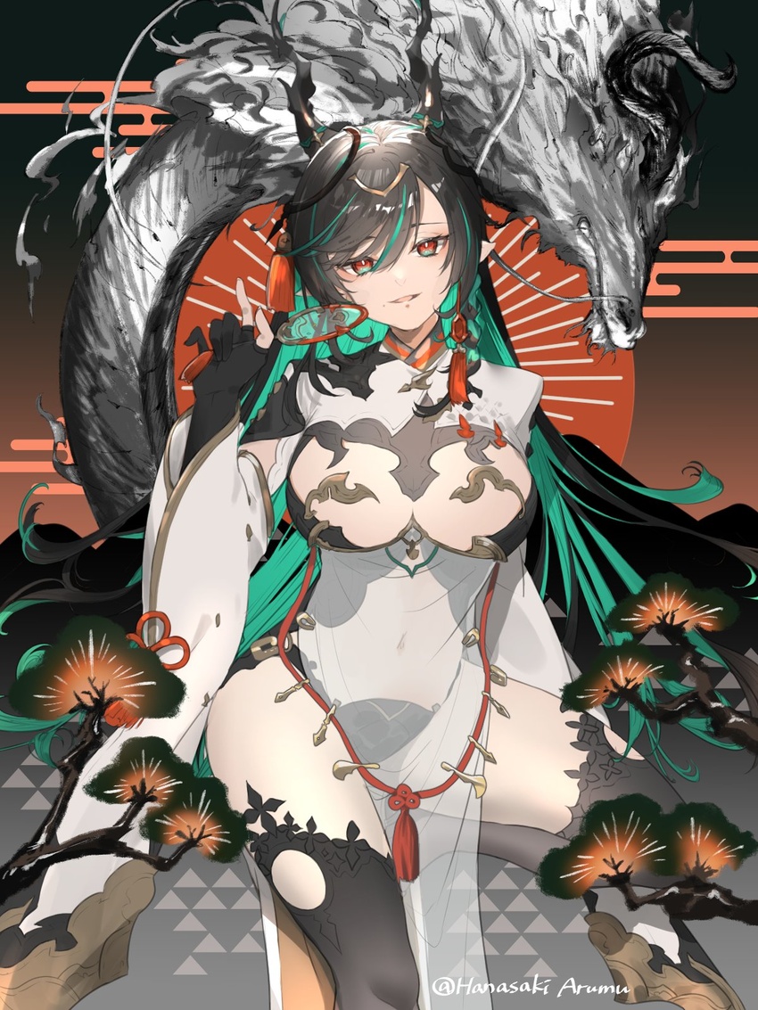 arumu black_gloves black_hair black_thighhighs breast_cutout breasts cleavage cleavage_cutout clothing_cutout colored_inner_hair detached_sleeves dragon dragon_girl dragon_horns draph dress eastern_dragon female fingerless_gloves gloves gradient_hair granblue_fantasy green_eyes green_hair hair_ornament highres horn_ornament horns large_breasts leotard long_hair looking_at_viewer mole mole_under_mouth multicolored_eyes multicolored_hair navel navel_cutout payila_(granblue_fantasy) pelvic_curtain pointy_ears red_eyes see-through see-through_dress solo stomach_cutout tassel tassel_hair_ornament thick_thighs thighhighs thighs tuanshan two-tone_eyes two-tone_hair very_long_hair white_gloves