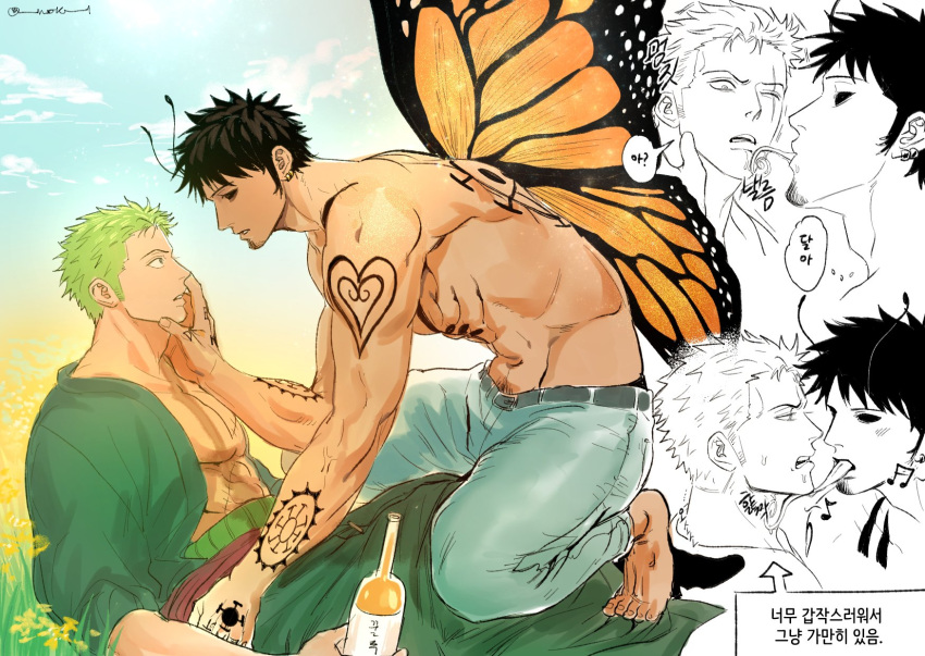 2boys abs alcohol antennae arm_tattoo arthropod_boy back_tattoo bara bare_pectorals barefoot black_sclera blue_sky bottle boy_on_top butterfly_boy butterfly_wings chest_tattoo coat colored_sclera day earrings eye_contact eyeliner facial_hair field finger_tattoo flower flower_field from_side goatee green_coat green_hair hand_tattoo haramaki highres holding holding_bottle insect_wings jewelry korean_text licking licking_another's_face licking_another's_neck long_sideburns long_tongue looking_at_another makeup male_focus male_pubic_hair monster_boy monsterification multiple_boys muscular muscular_male musical_note navel nok_(nok_1) one_eye_closed one_piece outdoors pectorals profile pubic_hair pubic_hair_peek roronoa_zoro scar scar_across_eye scar_on_chest scar_on_face short_hair shoulder_tattoo sideburns sky speech_bubble tattoo thought_bubble tongue topless_male trafalgar_law translated wings