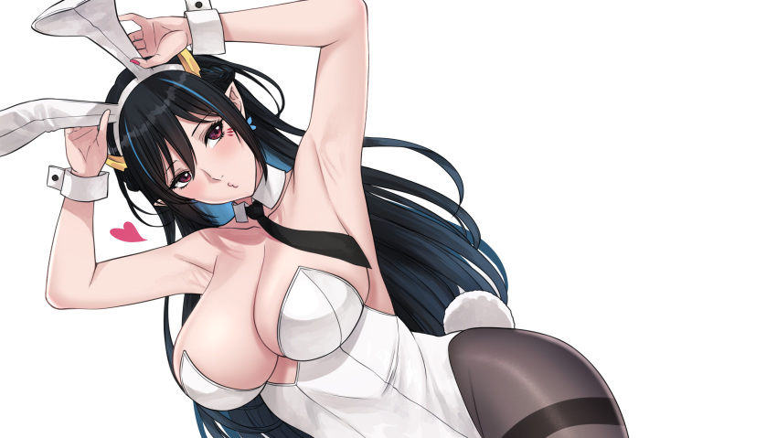 animal_ears armpits arms_up bare_arms black_hair black_necktie black_pantyhose blue_hair blush breasts cleavage collarbone commentary_request detached_collar dutch_angle fake_animal_ears fake_tail female heart highres indie_virtual_youtuber large_breasts leotard long_hair multicolored_hair nail_polish necktie o3o pantyhose pink_nails playboy_bunny pointy_ears puckered_lips rabbit_ears rabbit_tail red_eyes sidelocks simple_background solo streaked_hair tail thai_commentary umino_ciala virtual_youtuber white_background white_leotard wrist_cuffs xter