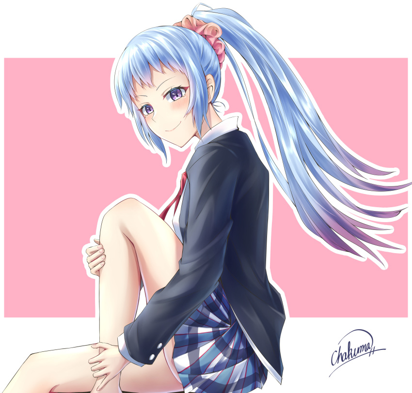 absurdres black_jacket blazer blue_hair chakuma_(yiyh1468) closed_mouth colored_tips feet_out_of_frame female hair_ornament hair_scrunchie high_ponytail highres jacket kawasaki_saki looking_at_viewer miniskirt mole mole_under_eye multicolored_hair neck_ribbon pink_scrunchie plaid plaid_skirt pleated_skirt purple_hair red_ribbon ribbon school_uniform scrunchie sitting skirt smile sobu_high_school_uniform solo thighs yahari_ore_no_seishun_lovecome_wa_machigatteiru.