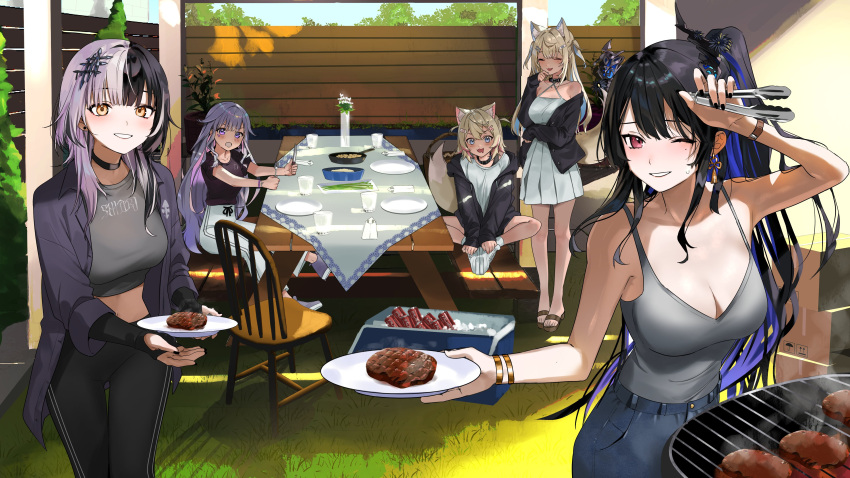 5girls absurdres alternate_costume animal_ears asymmetrical_horns black_shirt breasts casual cleavage contemporary cooking demon_horns denim dog_ears dog_girl dress food fuwawa_abyssgard grill grilling hievasp highres holding holding_tongs holoadvent hololive hololive_english horns jacket jeans jewel_under_eye koseki_bijou long_hair looking_at_viewer meat mococo_abyssgard multicolored_hair multiple_girls nerissa_ravencroft open_clothes open_jacket pants sandals shiori_novella shirt short_hair short_sleeves siblings sisters smile split-color_hair streaked_hair sundress sweatpants tank_top tongs twins uneven_horns virtual_youtuber