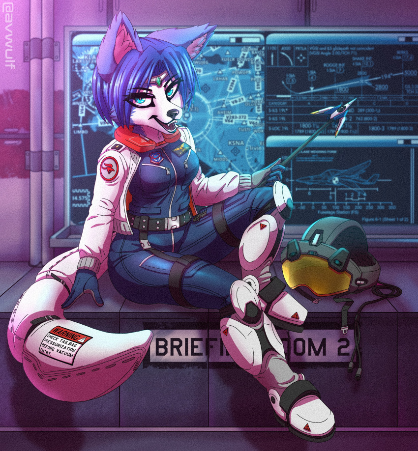 absurd_res anthro armor arwing avwulf blue_body board boots canid canine cerinian clothing female flight_suit footwear fox fur headgear helmet hi_res jacket krystal_(star_fox) looking_at_viewer mammal nintendo solo spacecraft spacesuit star_fox topwear vehicle white_body white_fur